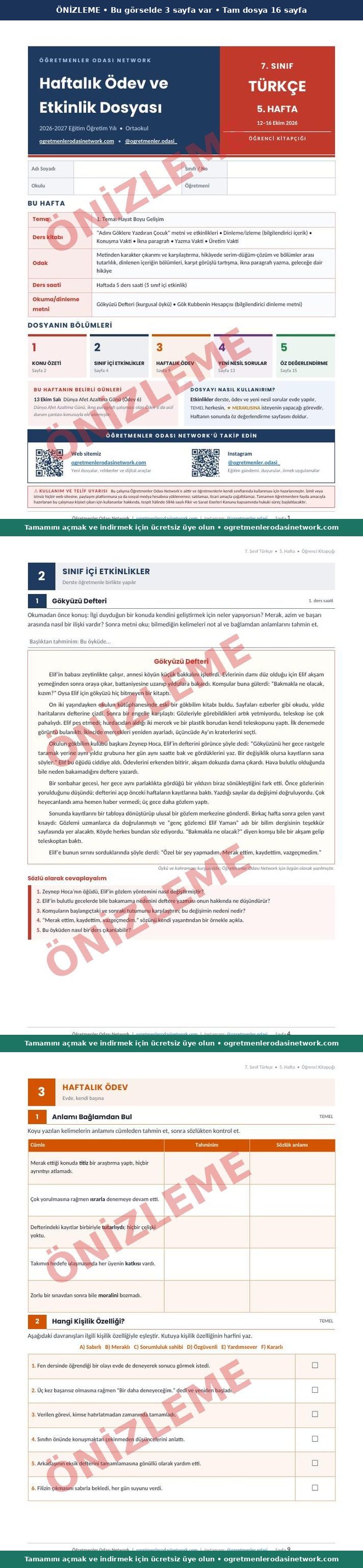 7. Sınıf · Türkçe · 5. Hafta · Öğrenci Kitapçığı önizleme
