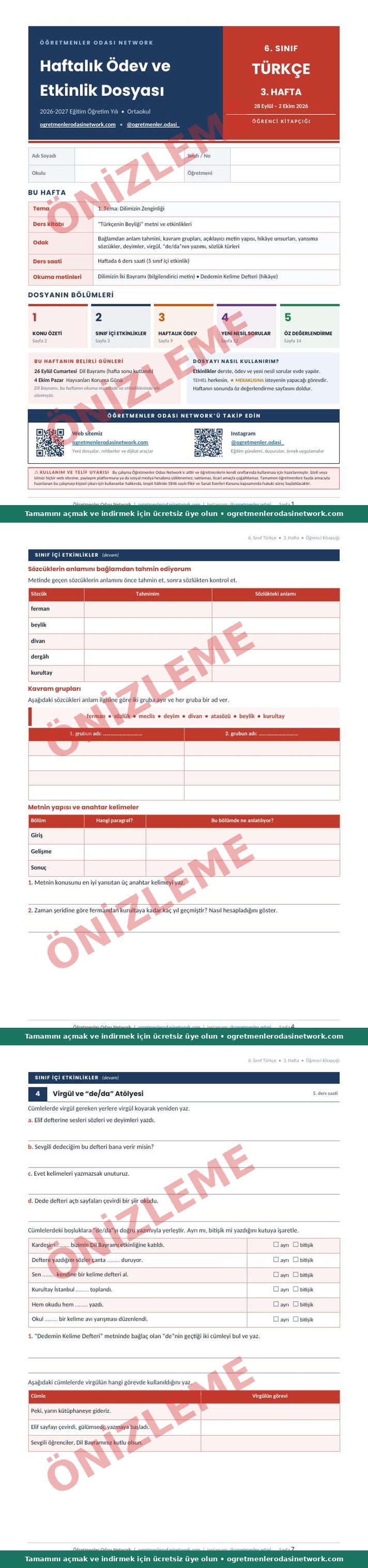 6. Sınıf · Türkçe · 3. Hafta · Öğrenci Kitapçığı önizleme