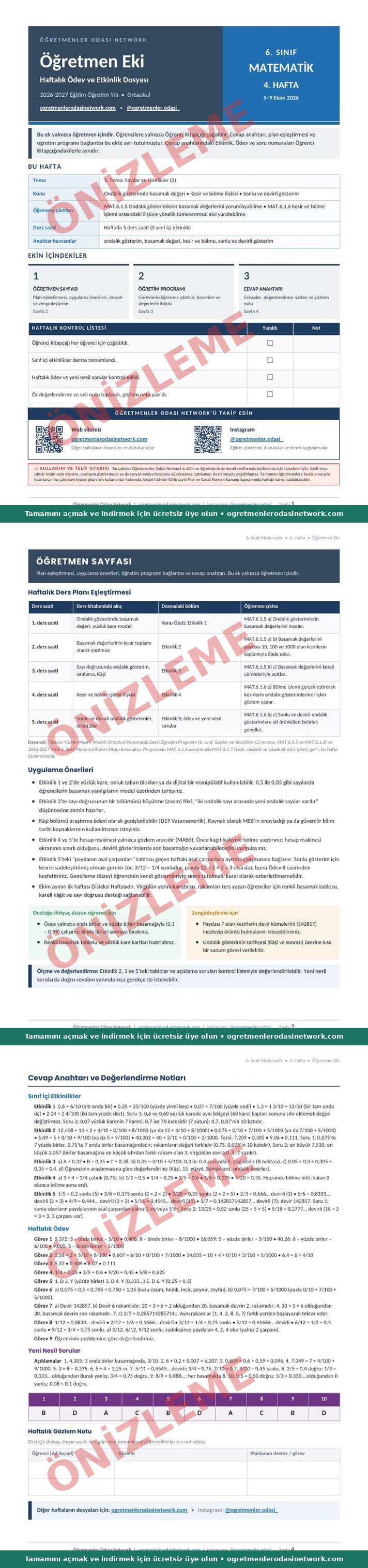 6. Sınıf · Matematik · 4. Hafta · Öğretmen Eki önizleme
