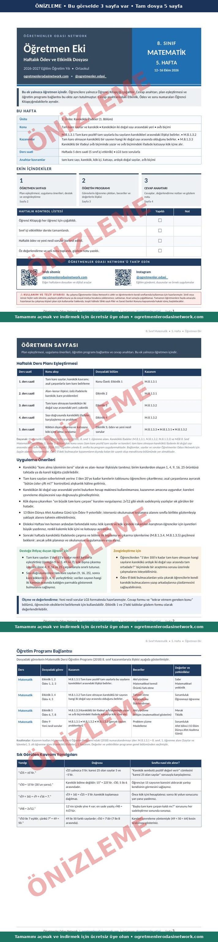 8. Sınıf · Matematik · 5. Hafta · Öğretmen Eki önizleme