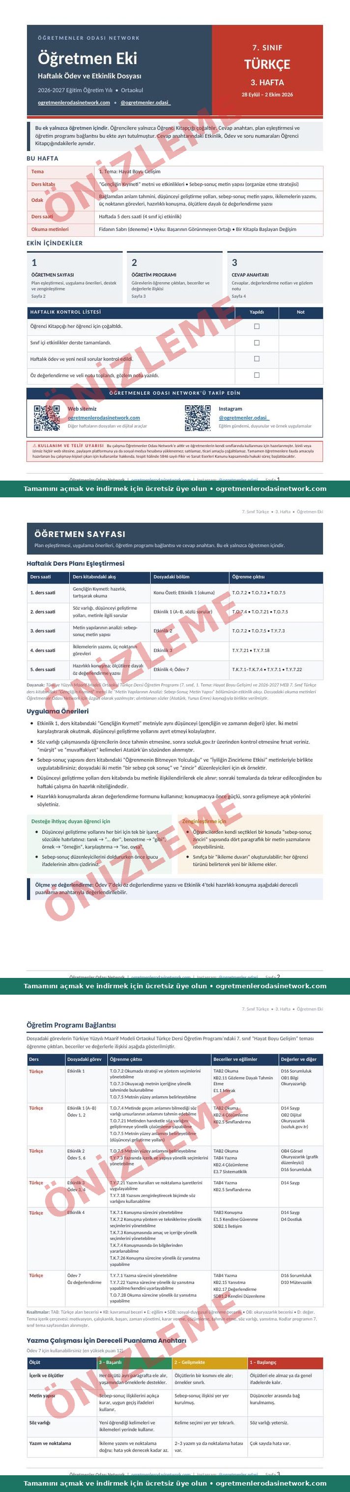 7. Sınıf · Türkçe · 3. Hafta · Öğretmen Eki önizleme