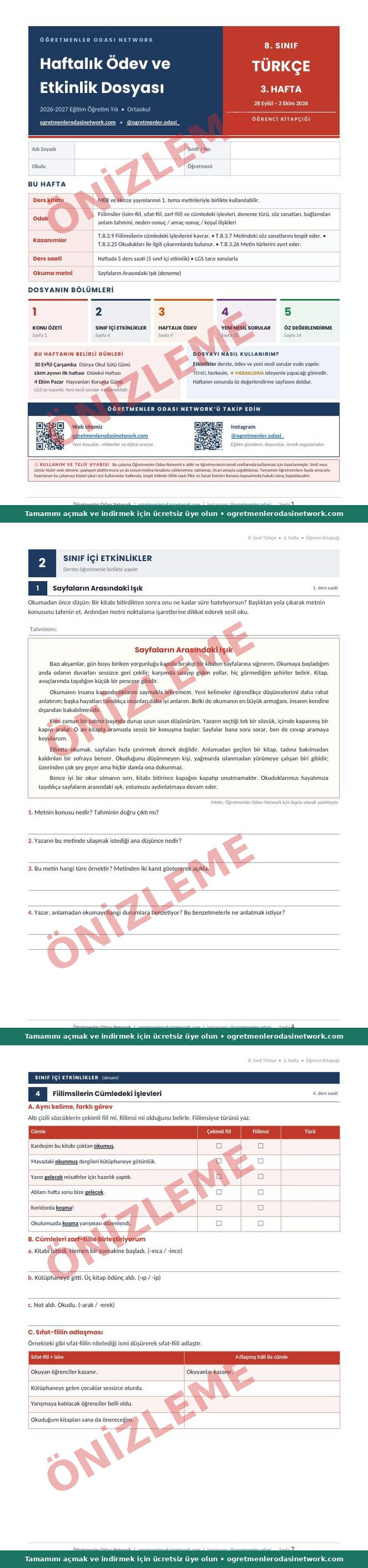 8. Sınıf · Türkçe · 3. Hafta · Öğrenci Kitapçığı önizleme