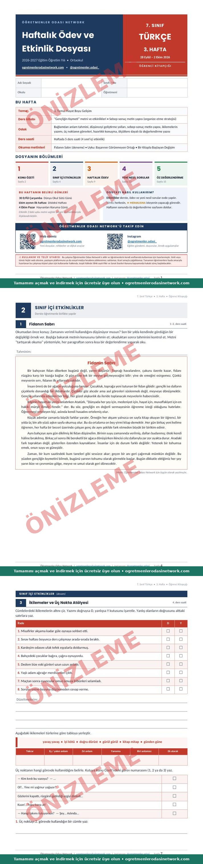 7. Sınıf · Türkçe · 3. Hafta · Öğrenci Kitapçığı önizleme