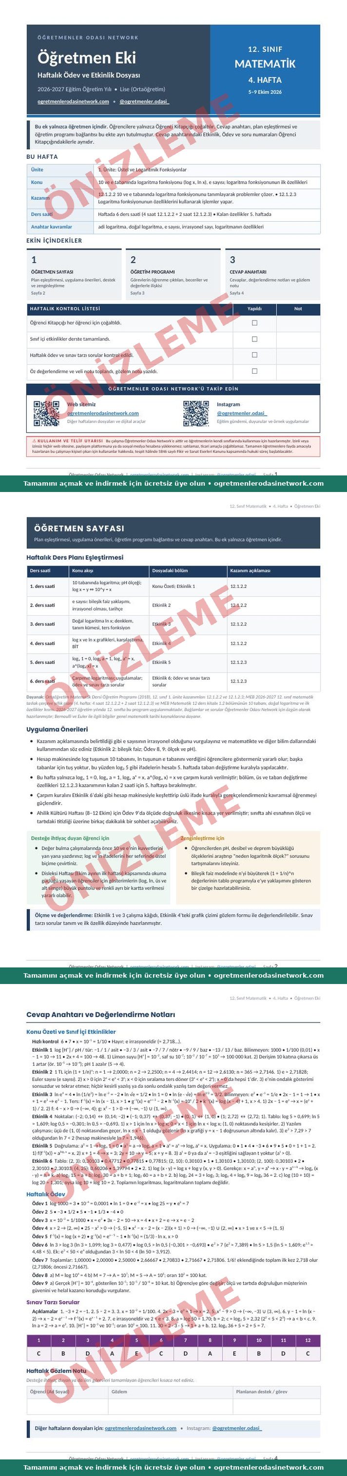 12. Sınıf · Matematik · 4. Hafta · Öğretmen Eki önizleme