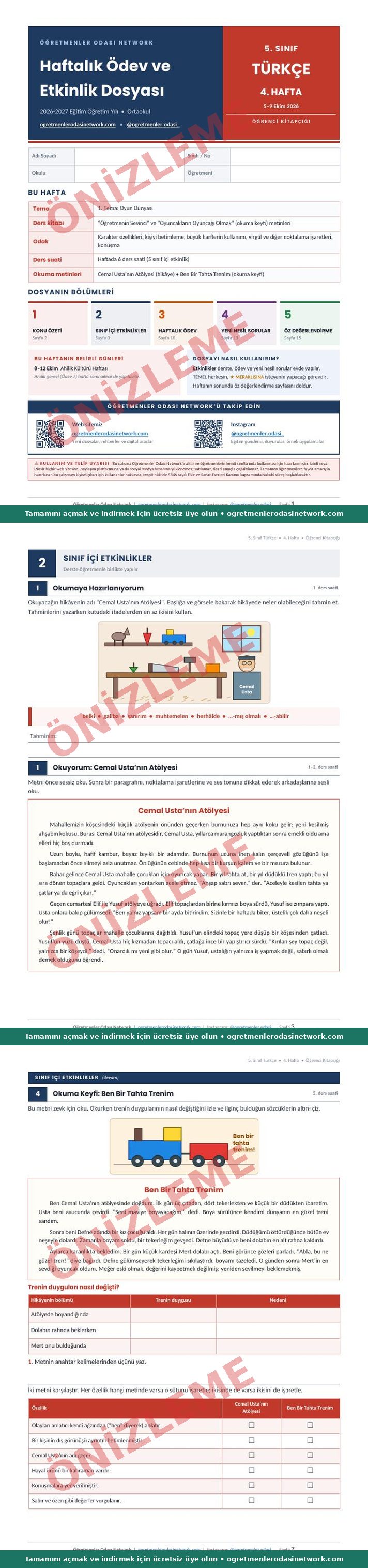 5. Sınıf · Türkçe · 4. Hafta · Öğrenci Kitapçığı önizleme
