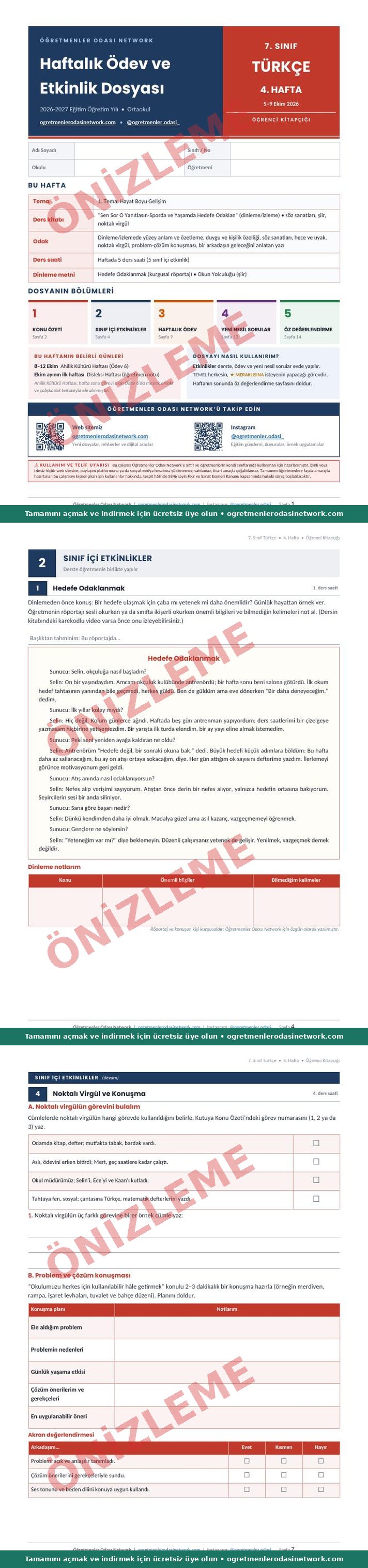 7. Sınıf · Türkçe · 4. Hafta · Öğrenci Kitapçığı önizleme