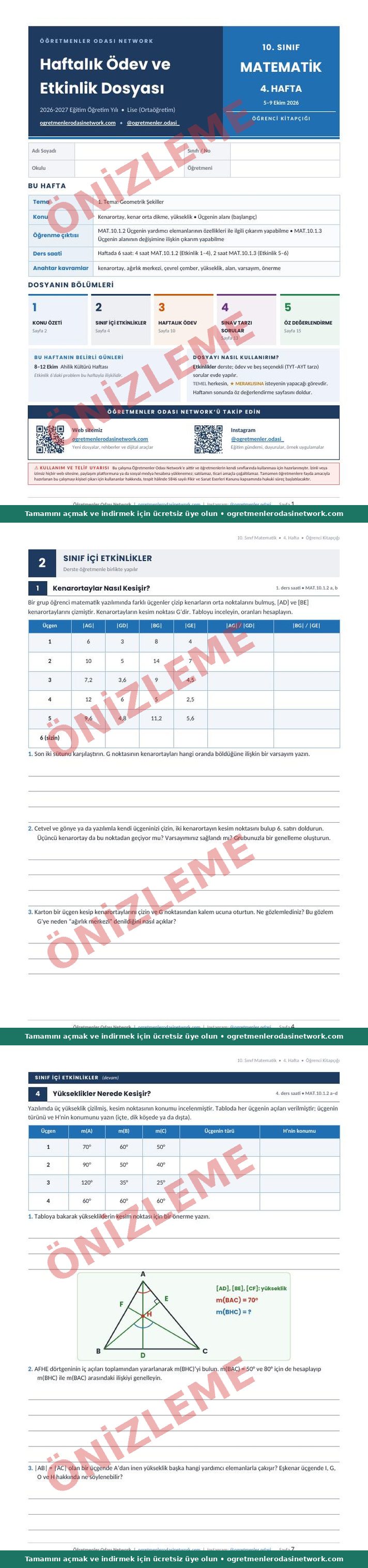 10. Sınıf · Matematik · 4. Hafta · Öğrenci Kitapçığı önizleme