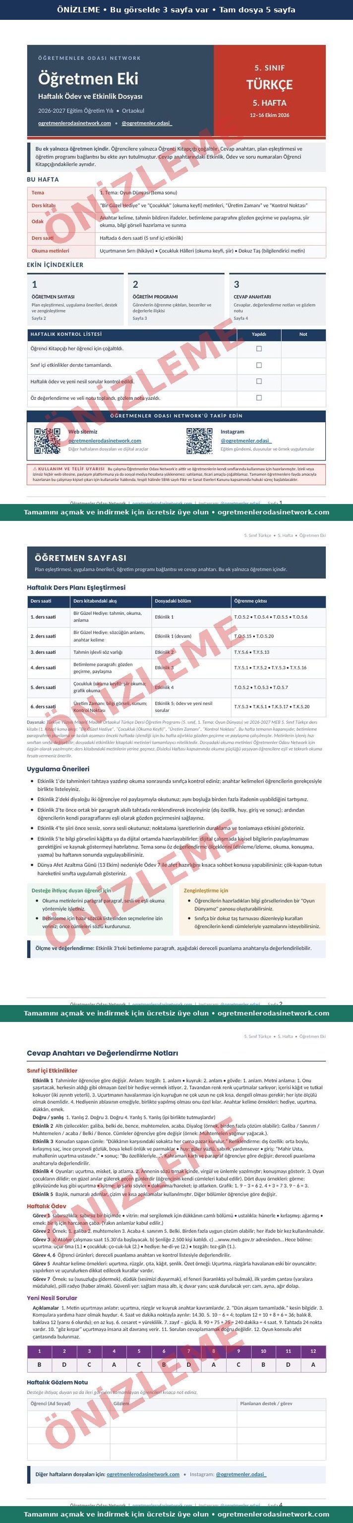 5. Sınıf · Türkçe · 5. Hafta · Öğretmen Eki önizleme