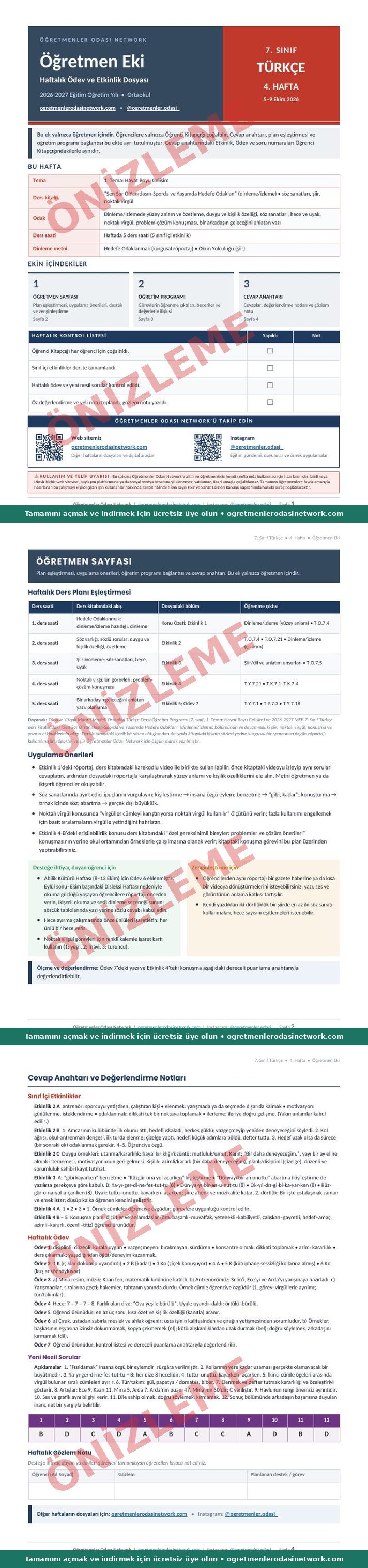 7. Sınıf · Türkçe · 4. Hafta · Öğretmen Eki önizleme