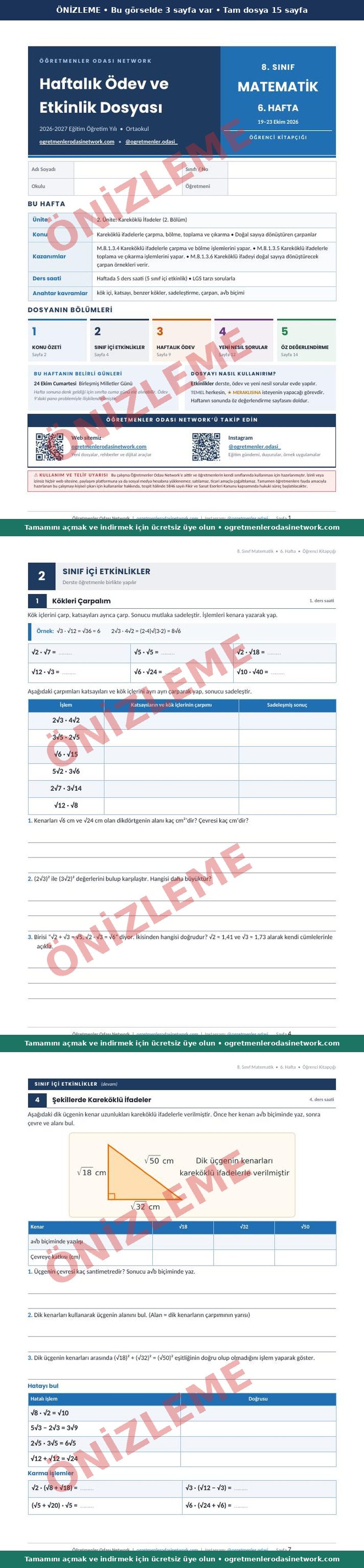 8. Sınıf · Matematik · 6. Hafta · Öğrenci Kitapçığı önizleme