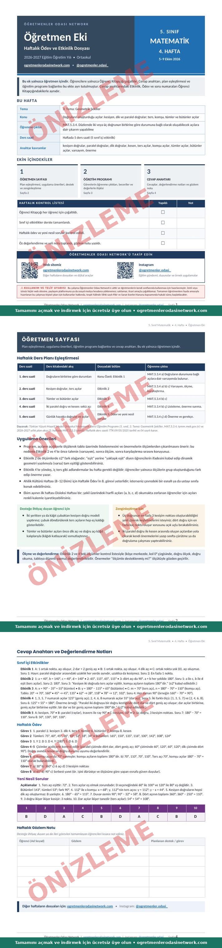 5. Sınıf · Matematik · 4. Hafta · Öğretmen Eki önizleme