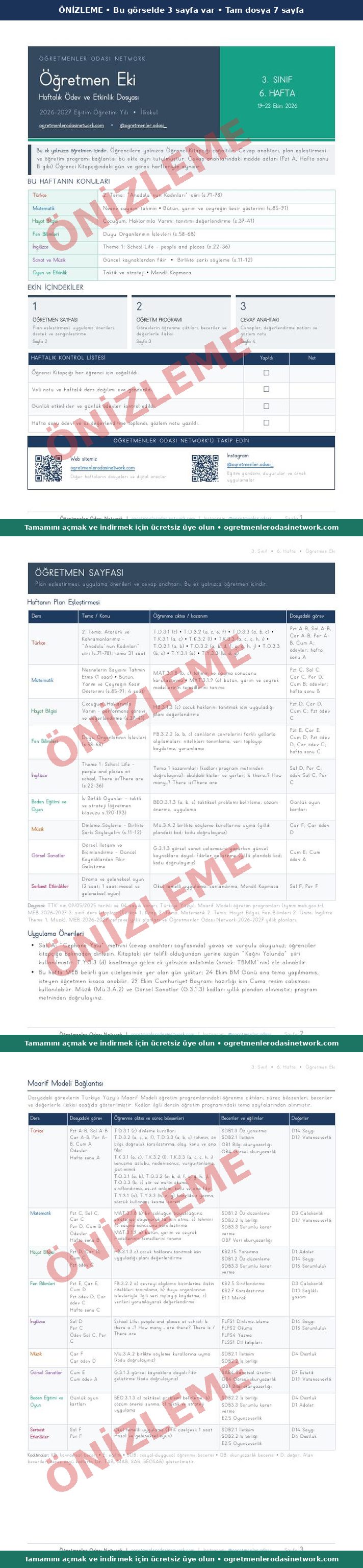 3. Sınıf · 6. Hafta · Öğretmen Eki önizleme