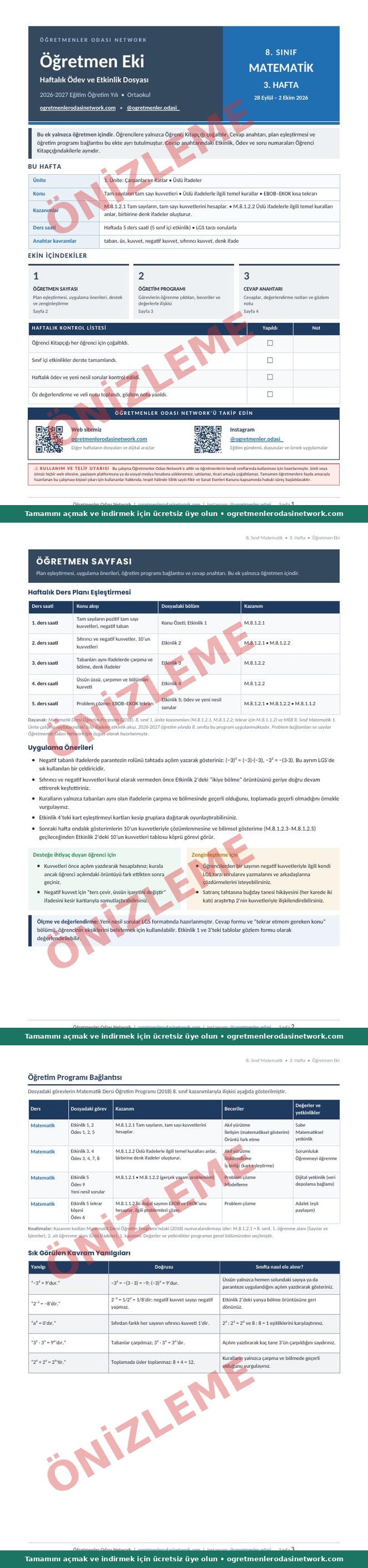 8. Sınıf · Matematik · 3. Hafta · Öğretmen Eki önizleme