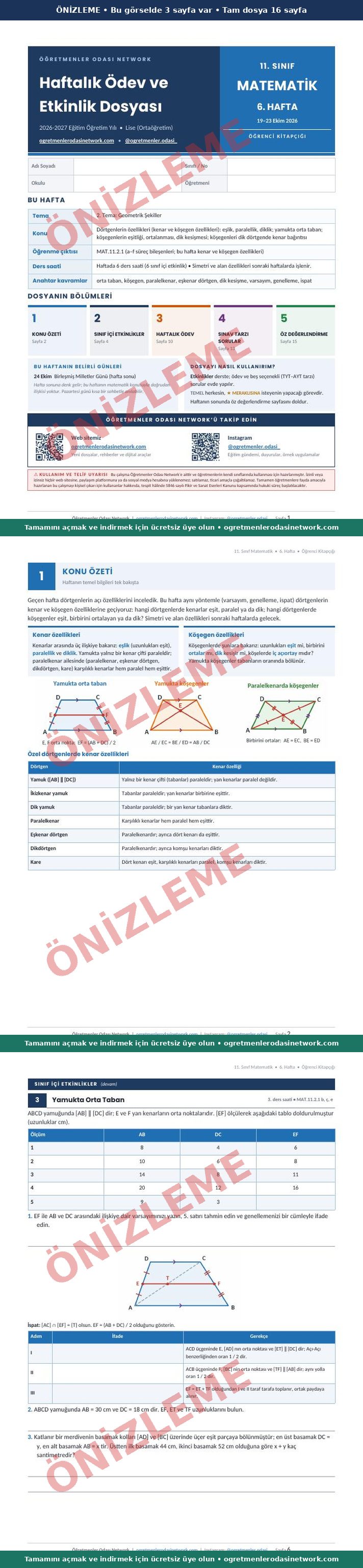 11. Sınıf · Matematik · 6. Hafta · Öğrenci Kitapçığı önizleme