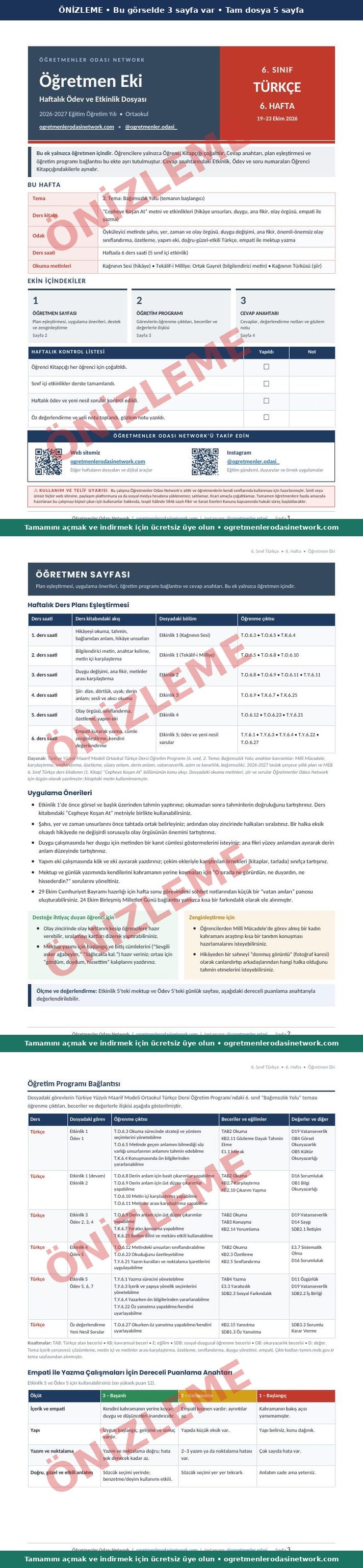 6. Sınıf · Türkçe · 6. Hafta · Öğretmen Eki önizleme