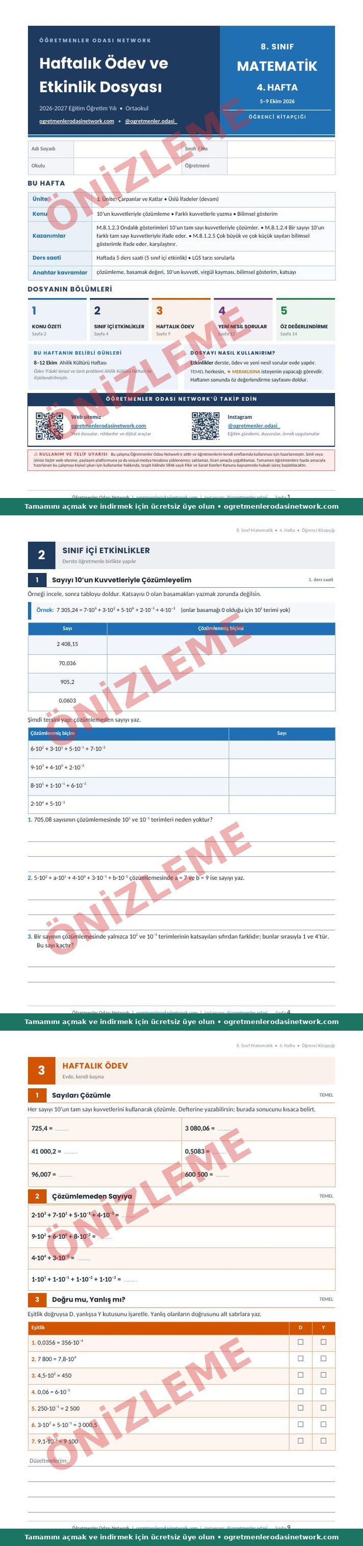 8. Sınıf · Matematik · 4. Hafta · Öğrenci Kitapçığı önizleme