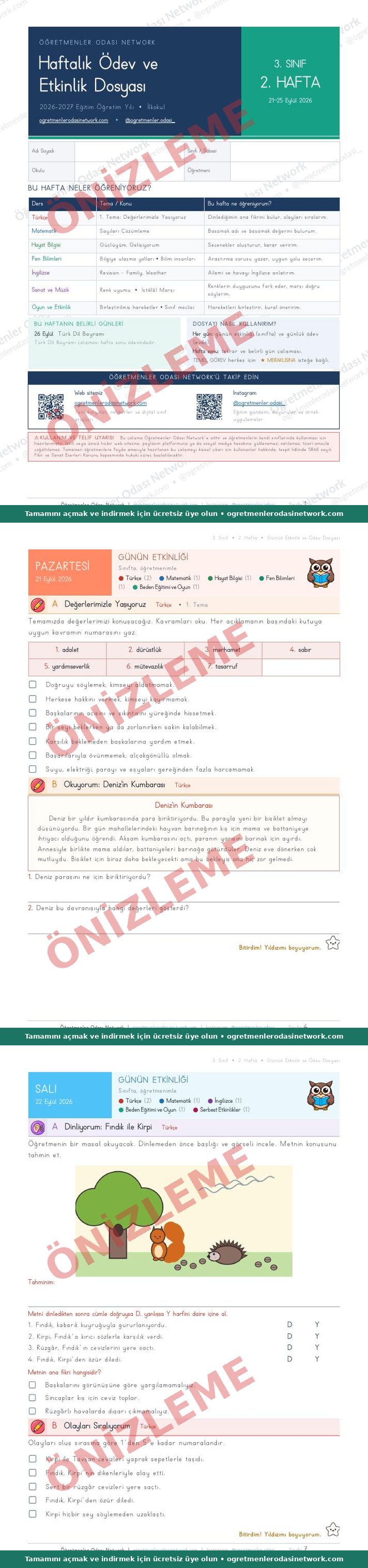 3. Sınıf · 2. Hafta · Ödev ve Etkinlik Dosyası önizleme