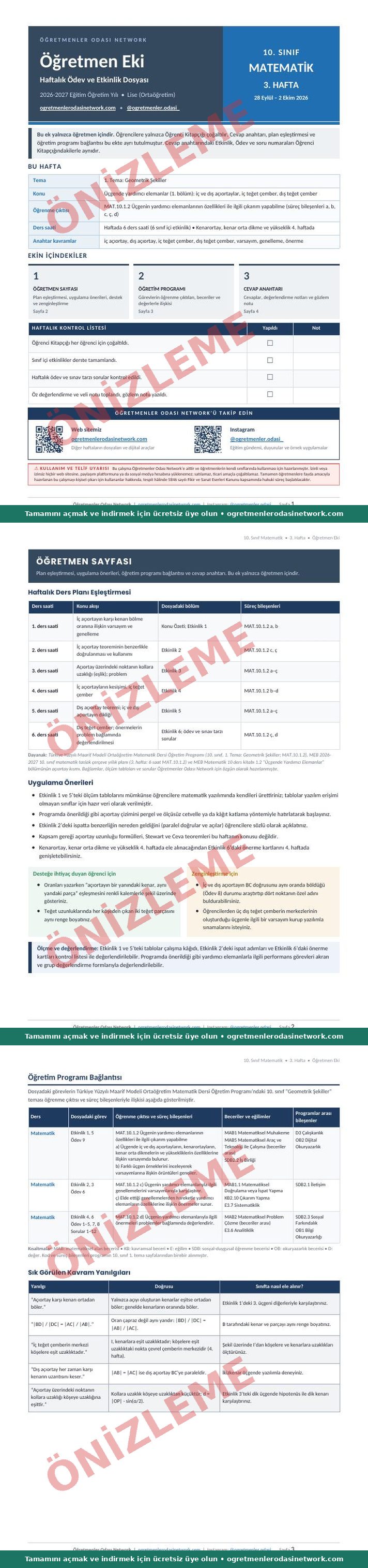 10. Sınıf · Matematik · 3. Hafta · Öğretmen Eki önizleme