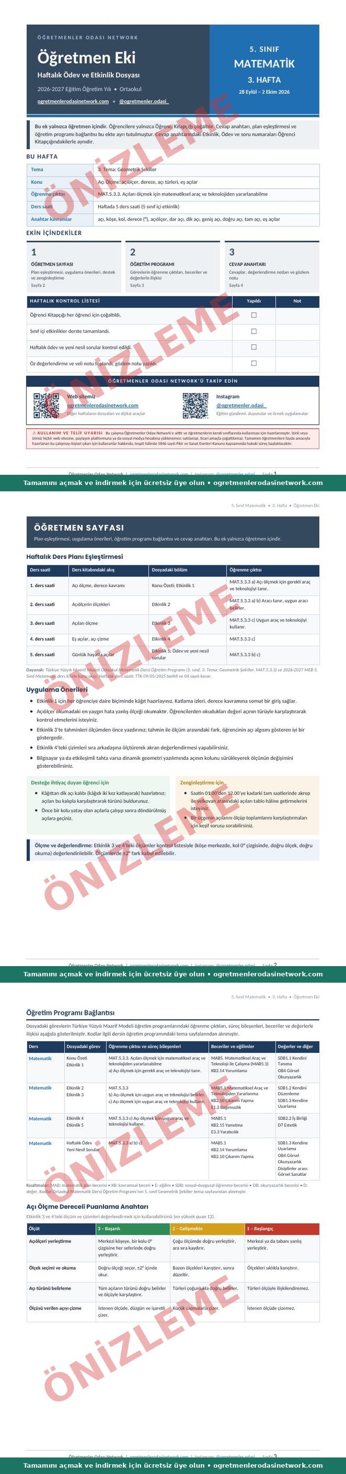 5. Sınıf · Matematik · 3. Hafta · Öğretmen Eki önizleme