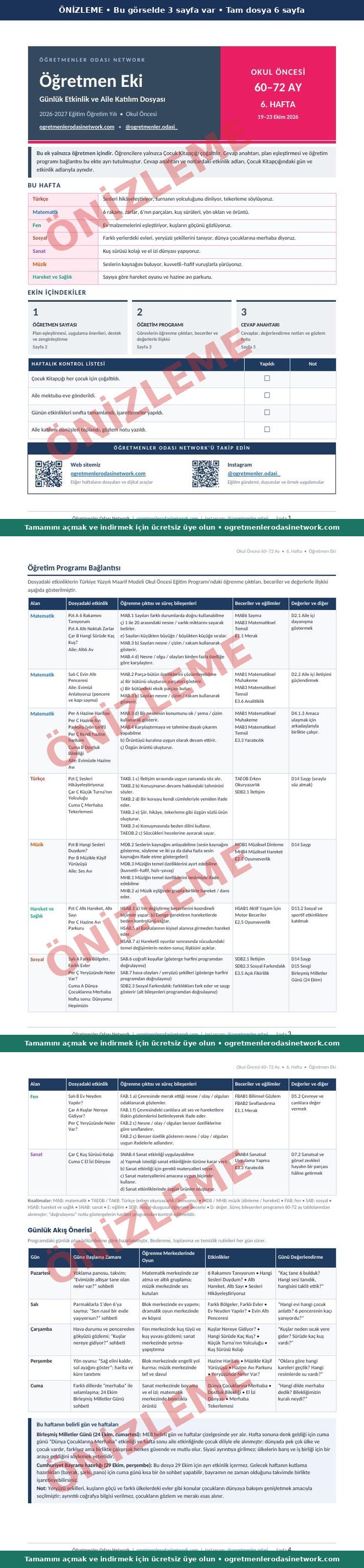 60–72 Ay · 6. Hafta · Öğretmen Eki önizleme