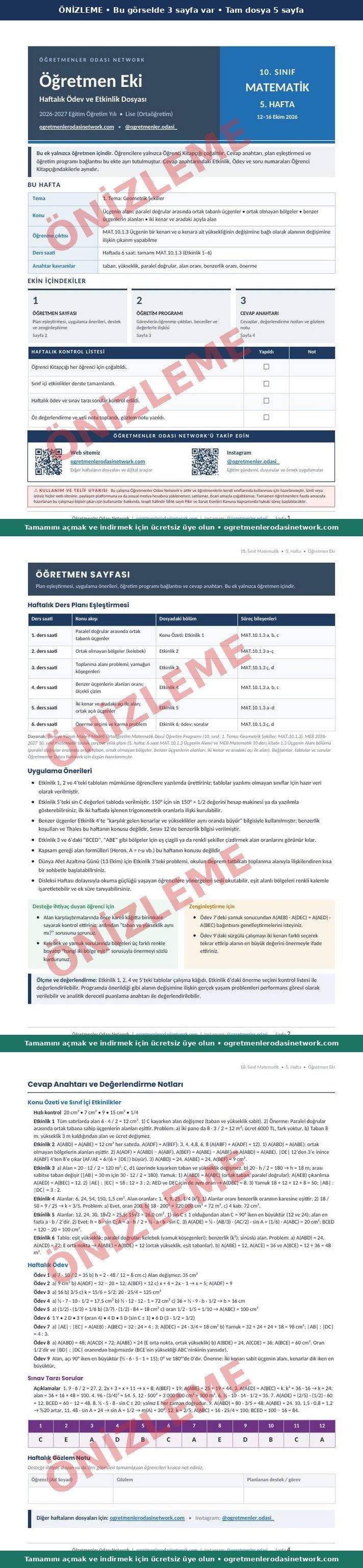 10. Sınıf · Matematik · 5. Hafta · Öğretmen Eki önizleme