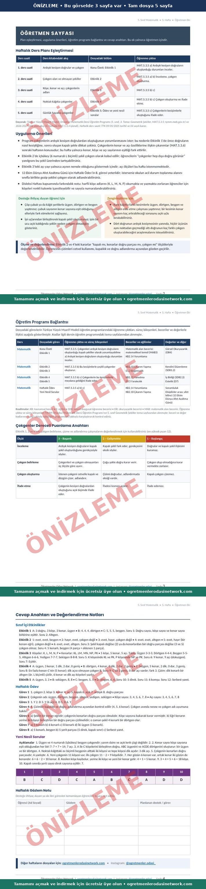 5. Sınıf · Matematik · 5. Hafta · Öğretmen Eki önizleme