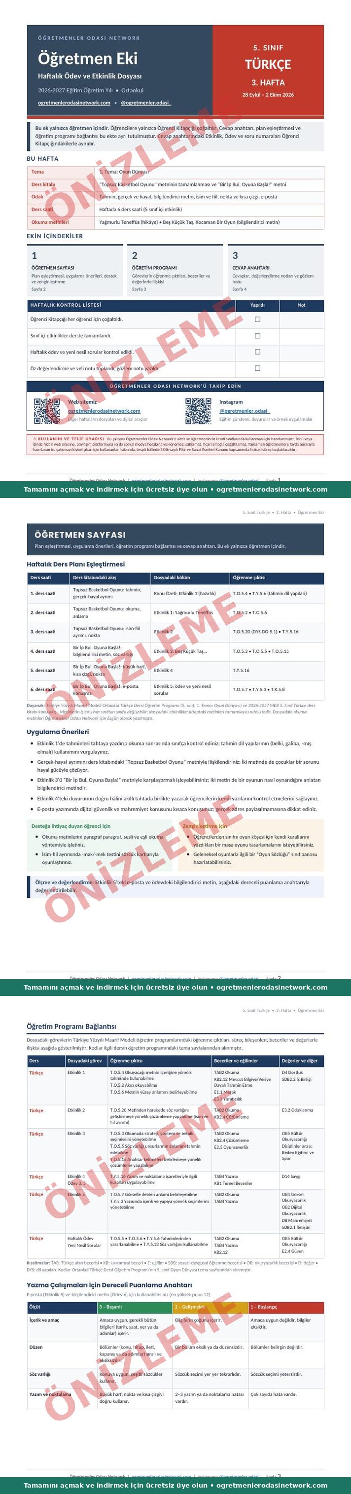 5. Sınıf · Türkçe · 3. Hafta · Öğretmen Eki önizleme