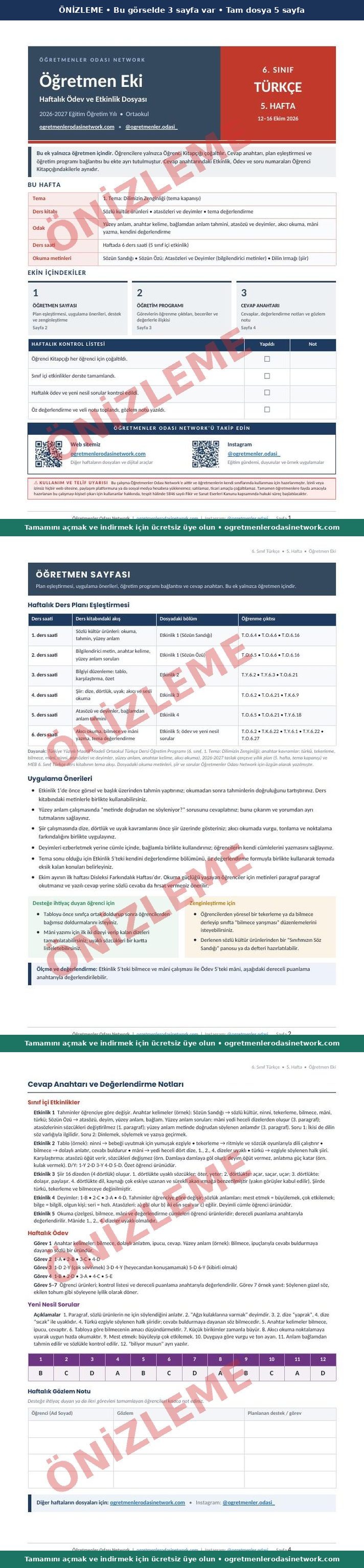 6. Sınıf · Türkçe · 5. Hafta · Öğretmen Eki önizleme