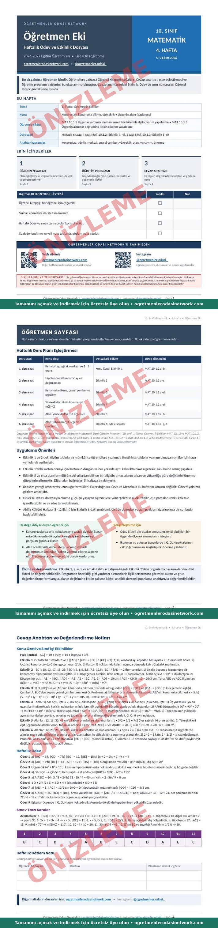 10. Sınıf · Matematik · 4. Hafta · Öğretmen Eki önizleme