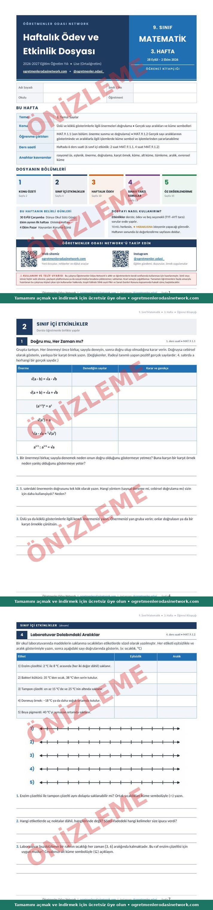 9. Sınıf · Matematik · 3. Hafta · Öğrenci Kitapçığı önizleme
