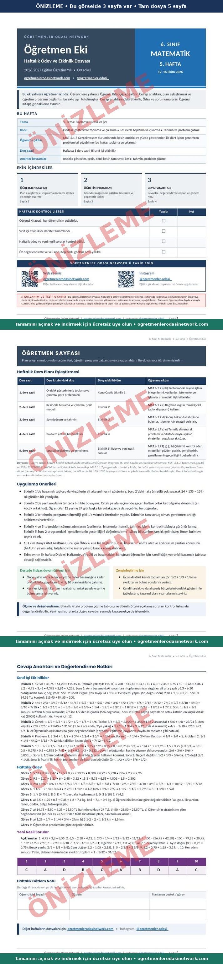 6. Sınıf · Matematik · 5. Hafta · Öğretmen Eki önizleme