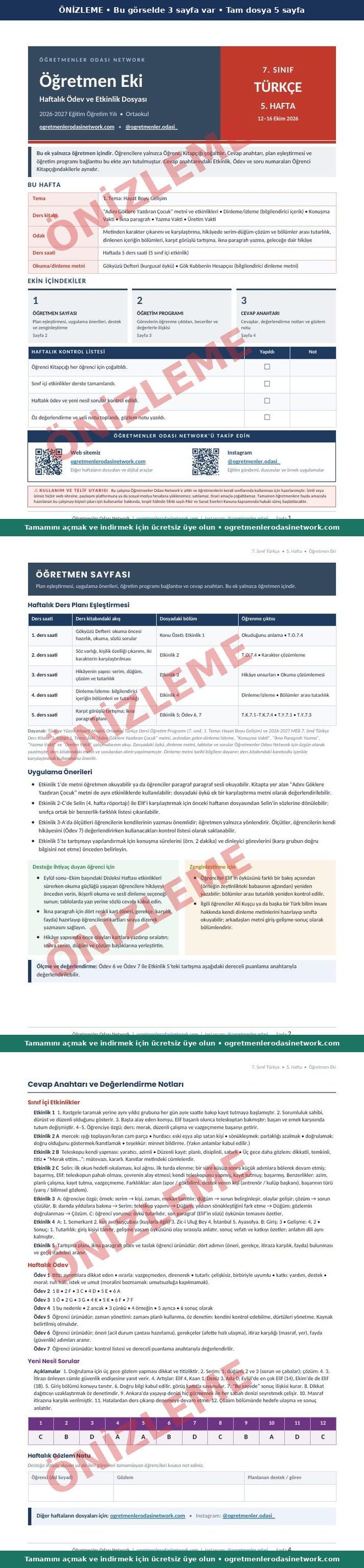 7. Sınıf · Türkçe · 5. Hafta · Öğretmen Eki önizleme