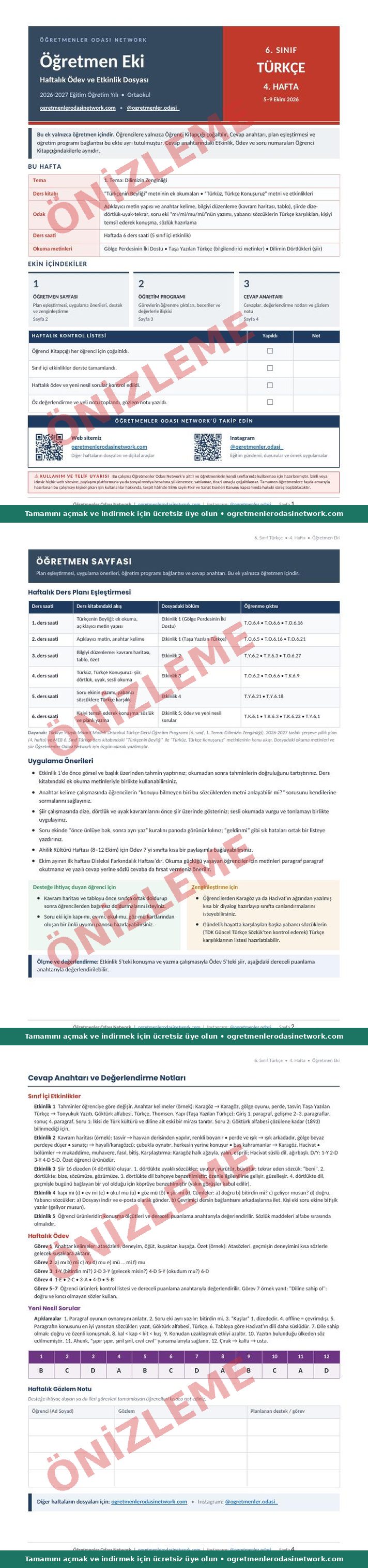 6. Sınıf · Türkçe · 4. Hafta · Öğretmen Eki önizleme