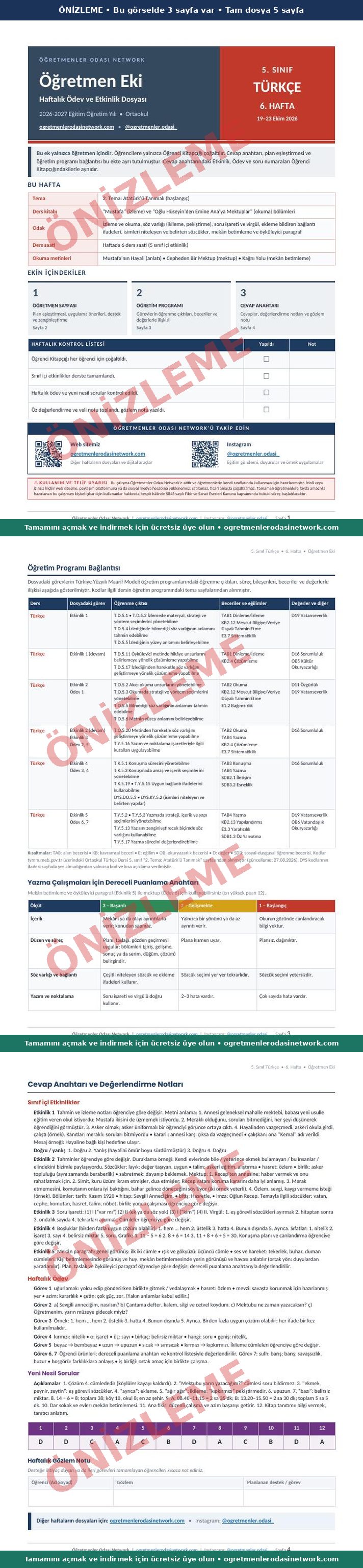 5. Sınıf · Türkçe · 6. Hafta · Öğretmen Eki önizleme