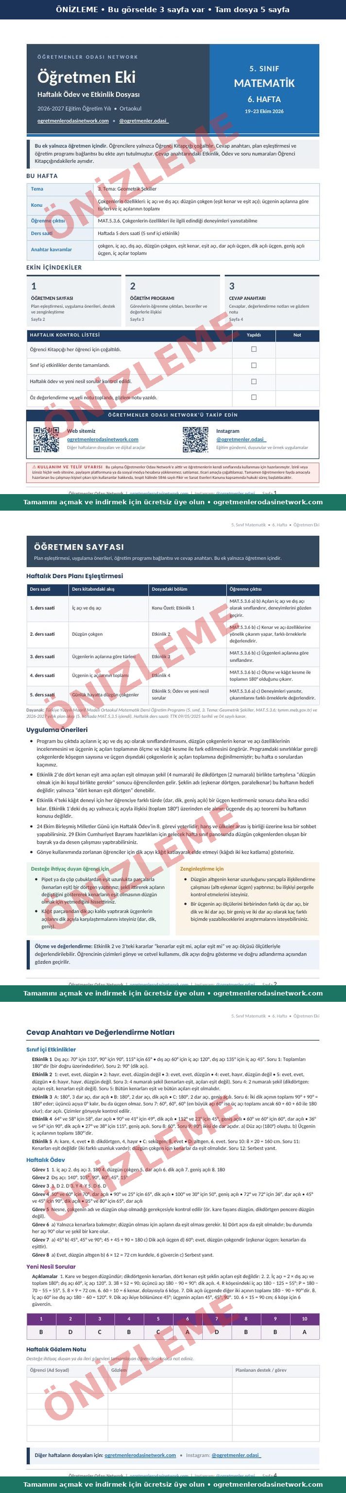 5. Sınıf · Matematik · 6. Hafta · Öğretmen Eki önizleme