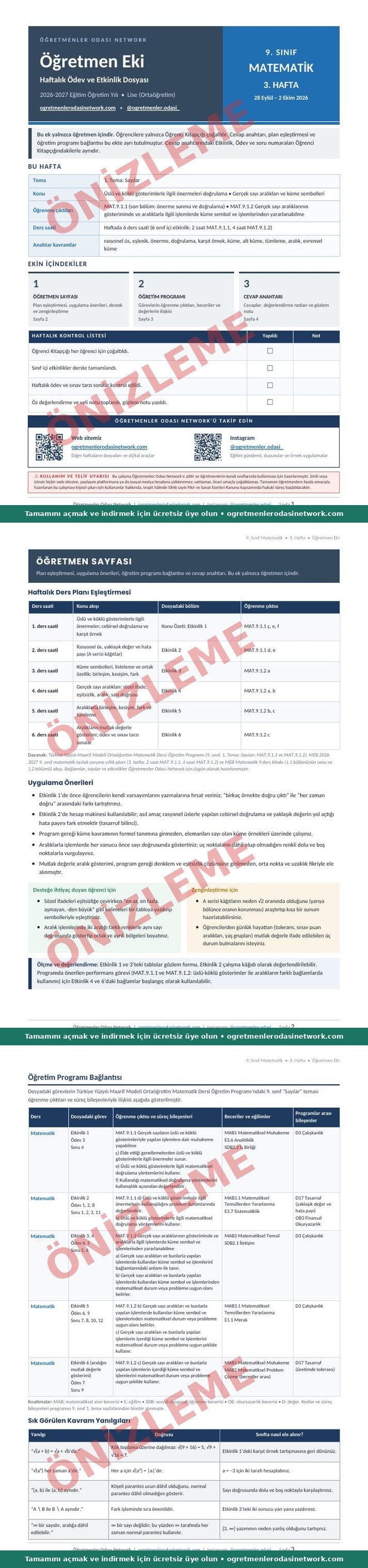 9. Sınıf · Matematik · 3. Hafta · Öğretmen Eki önizleme