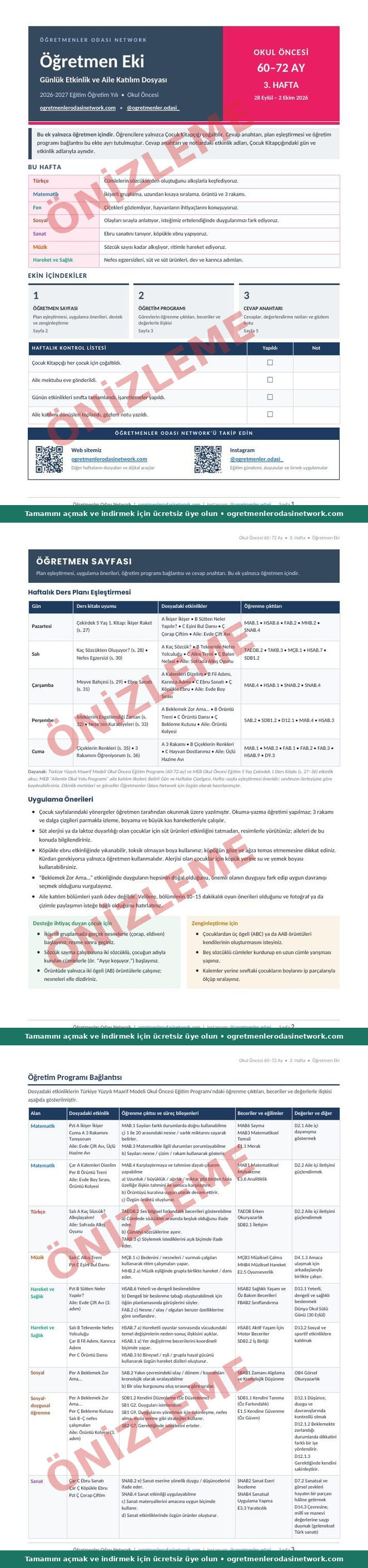 60–72 Ay · 3. Hafta · Öğretmen Eki önizleme