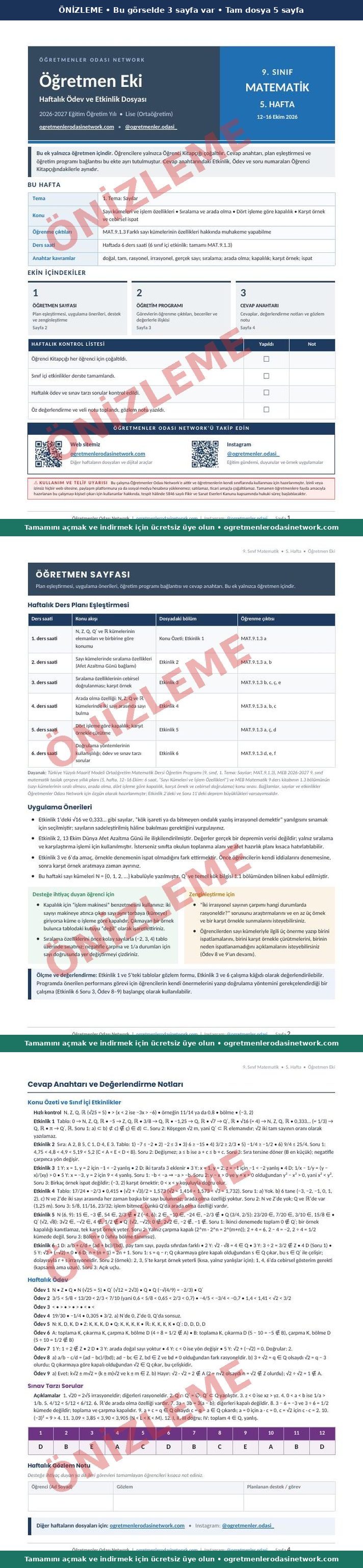9. Sınıf · Matematik · 5. Hafta · Öğretmen Eki önizleme
