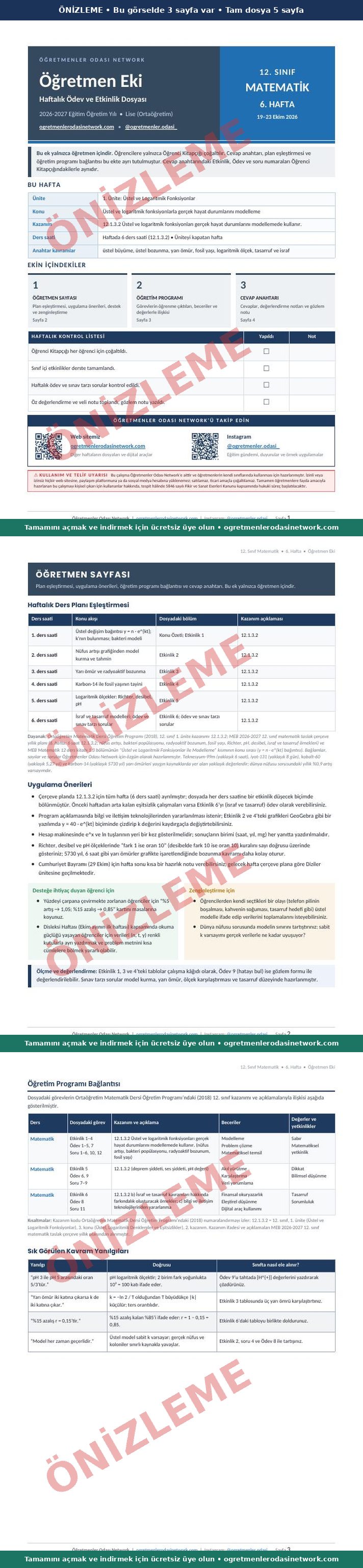 12. Sınıf · Matematik · 6. Hafta · Öğretmen Eki önizleme