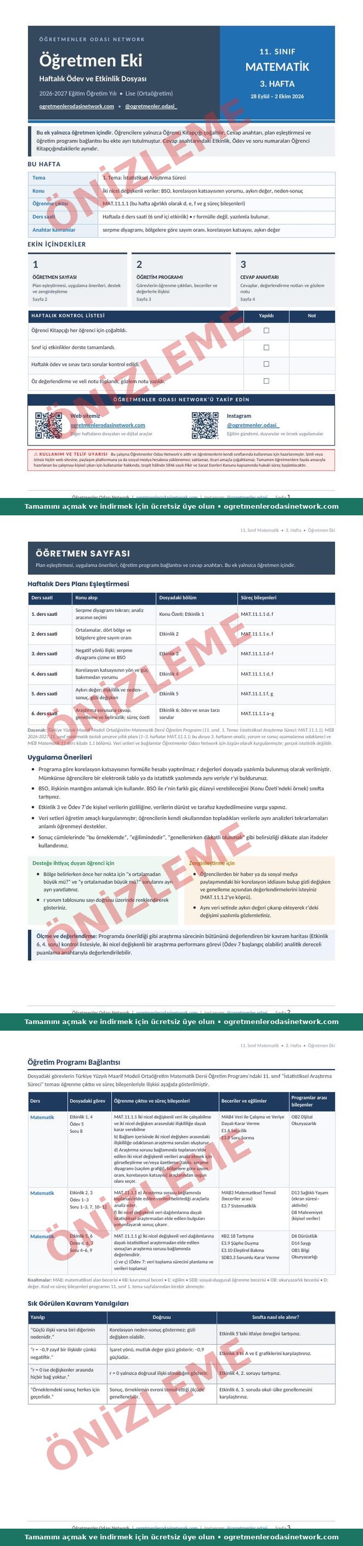 11. Sınıf · Matematik · 3. Hafta · Öğretmen Eki önizleme