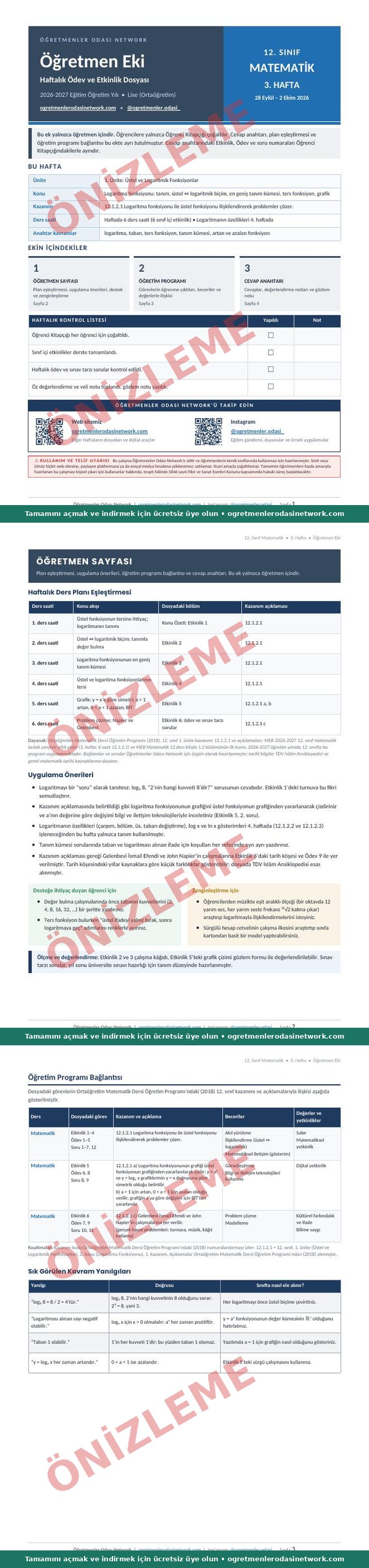 12. Sınıf · Matematik · 3. Hafta · Öğretmen Eki önizleme