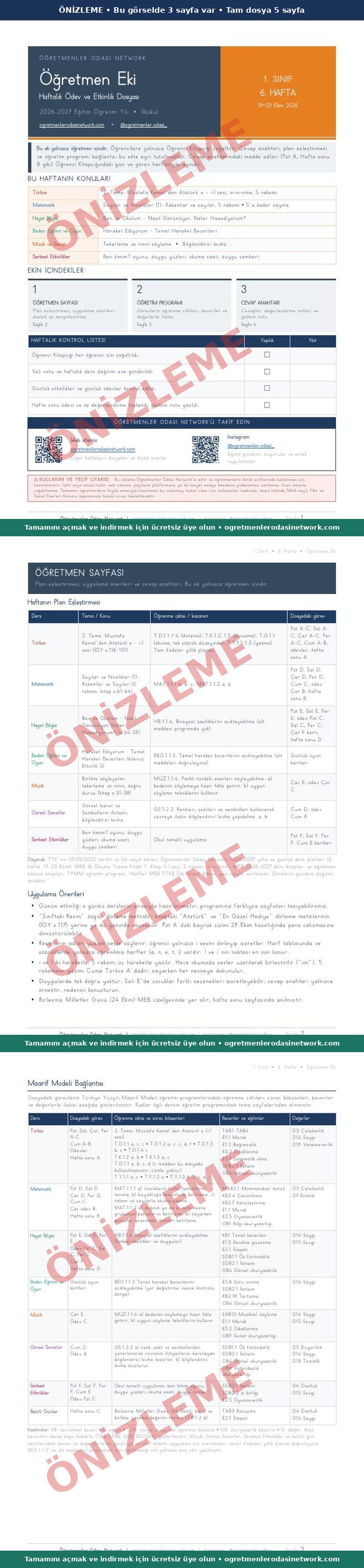 1. Sınıf · 6. Hafta · Öğretmen Eki önizleme