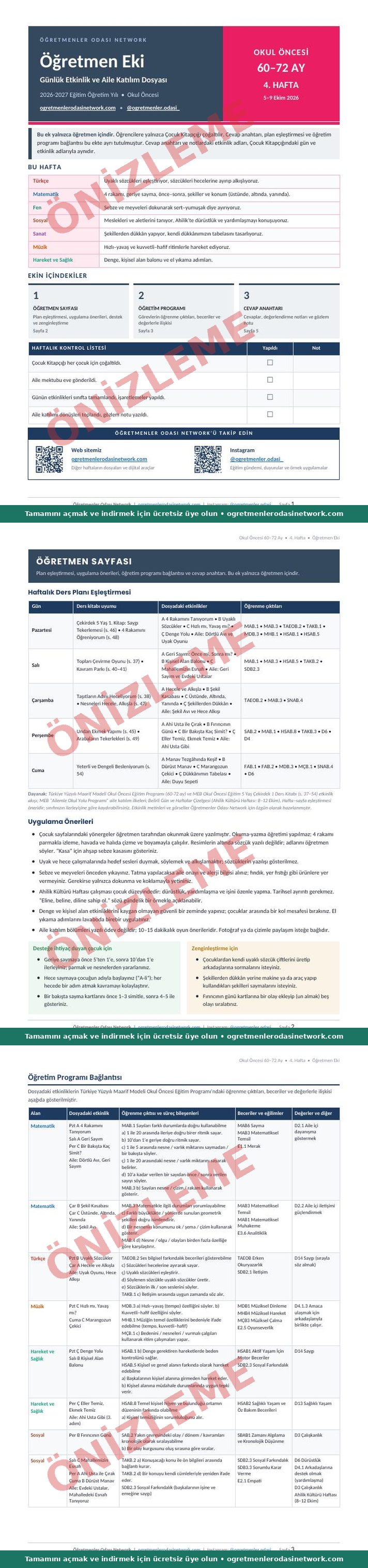 60–72 Ay · 4. Hafta · Öğretmen Eki önizleme
