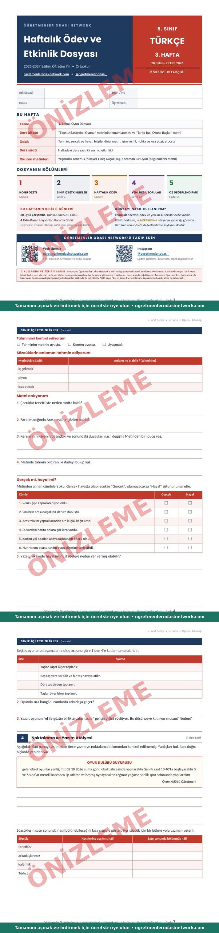 5. Sınıf · Türkçe · 3. Hafta · Öğrenci Kitapçığı önizleme
