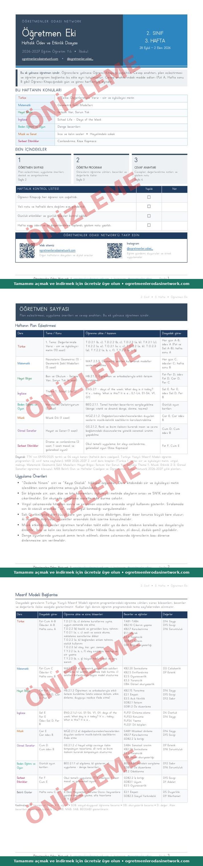 2. Sınıf · 3. Hafta · Öğretmen Eki önizleme