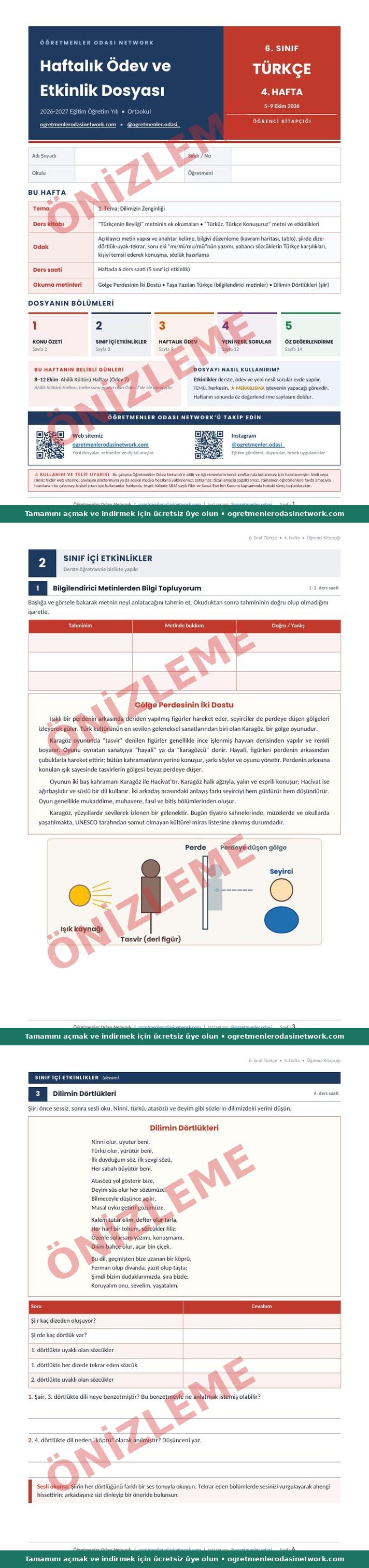 6. Sınıf · Türkçe · 4. Hafta · Öğrenci Kitapçığı önizleme