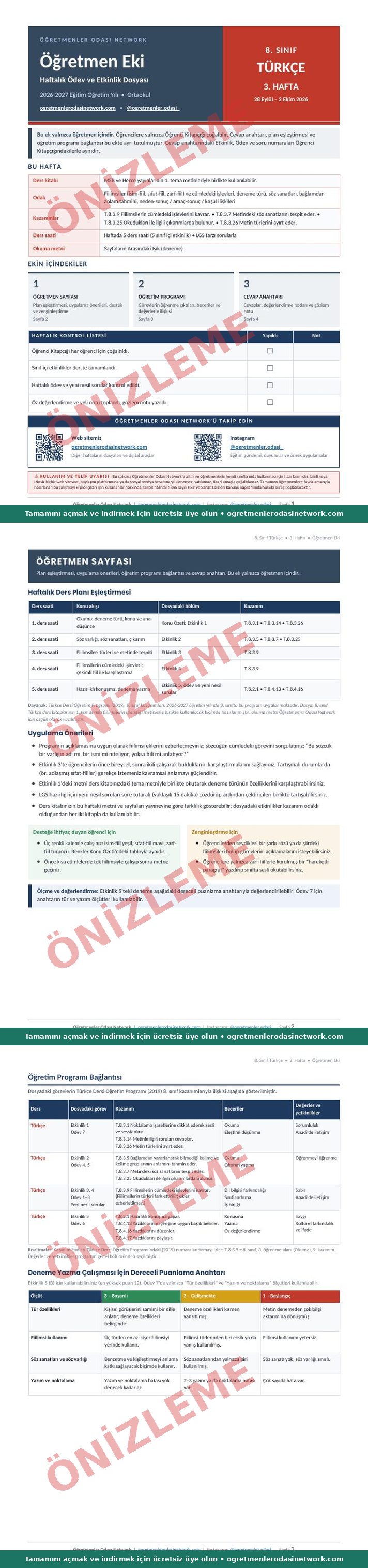 8. Sınıf · Türkçe · 3. Hafta · Öğretmen Eki önizleme