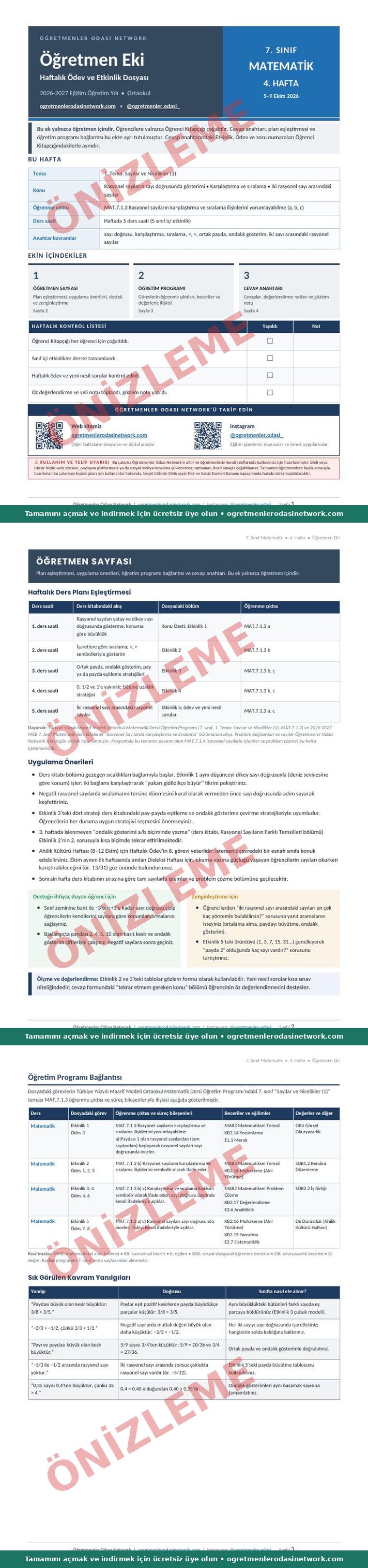 7. Sınıf · Matematik · 4. Hafta · Öğretmen Eki önizleme