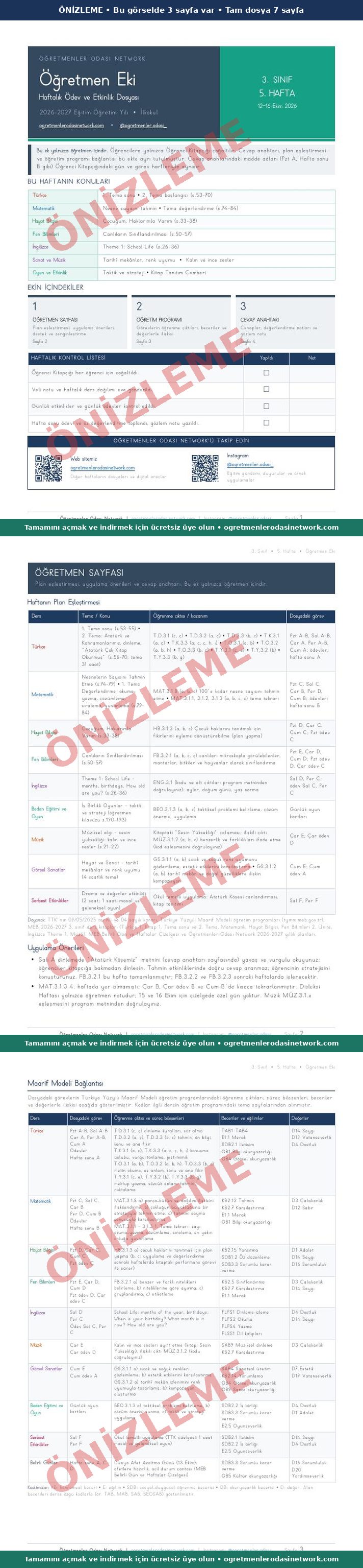 3. Sınıf · 5. Hafta · Öğretmen Eki önizleme