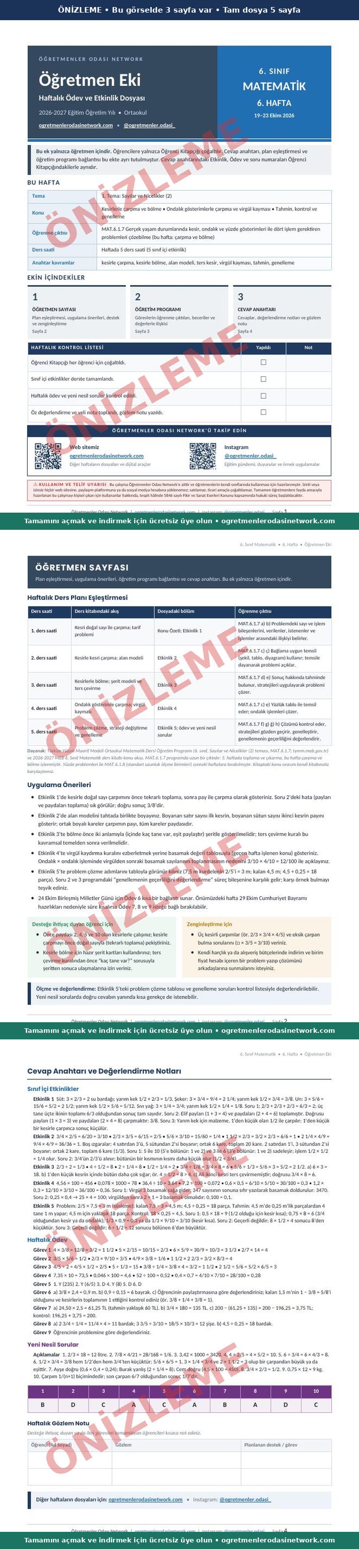 6. Sınıf · Matematik · 6. Hafta · Öğretmen Eki önizleme
